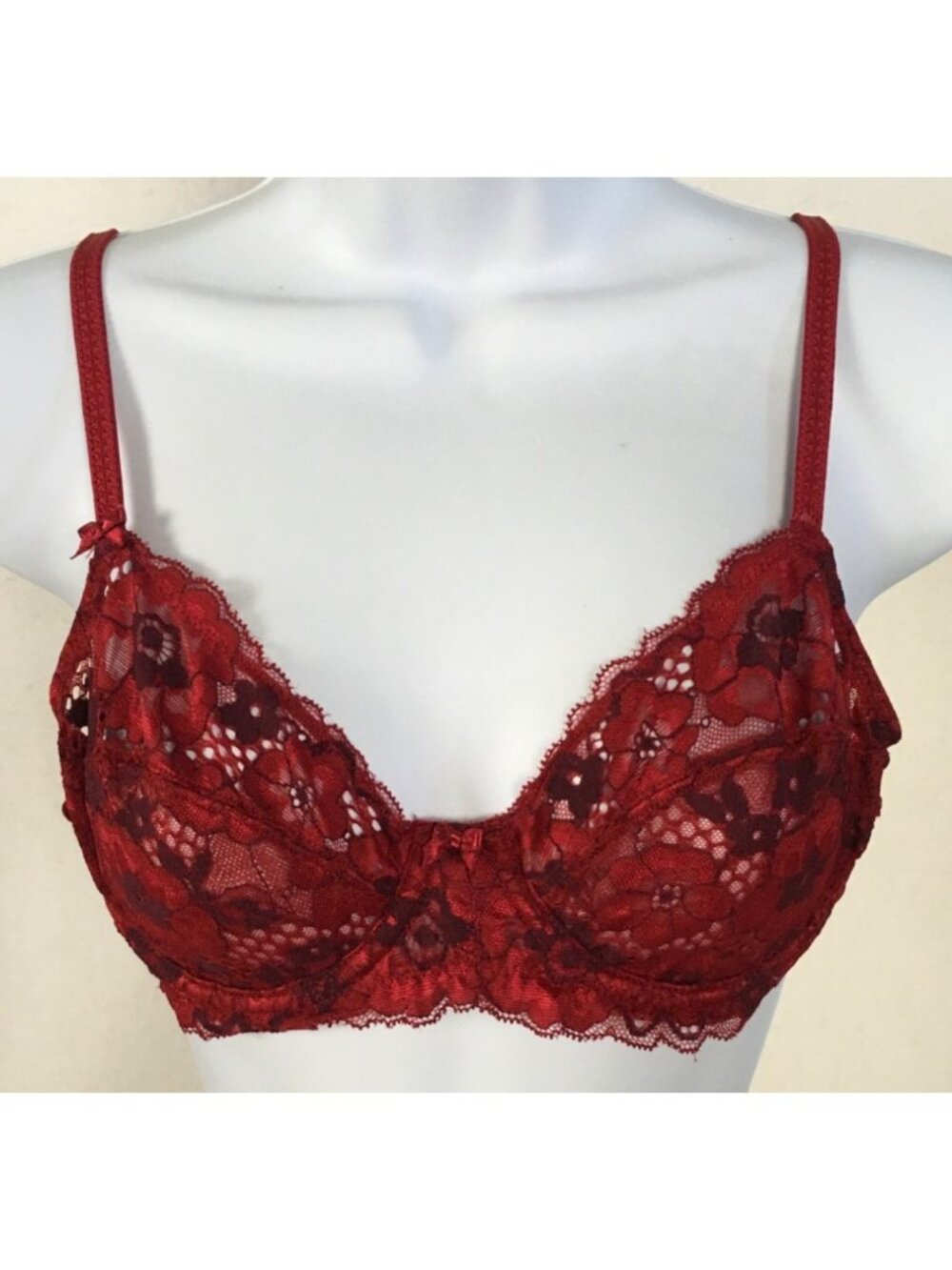 Adore Me Bra Size 34B Red Lace w Red Black Flowers Sheer Underwire Unpadded